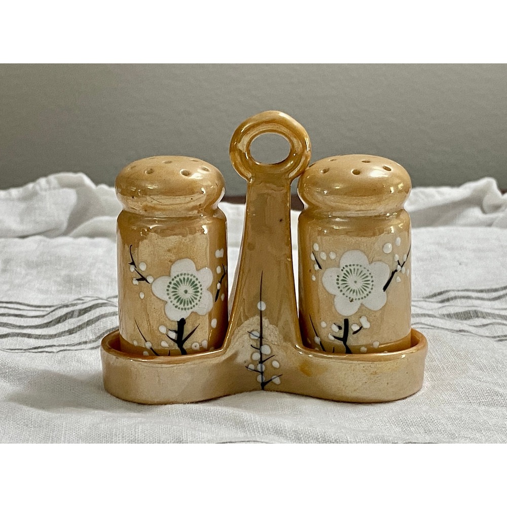 Vintage Japanese Lusterware Salt and Pepper Shakers with Caddy Cherry Blossom